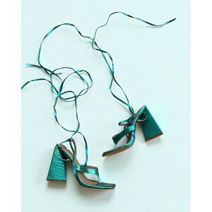 EGO Teal Metallic Lace Up Block Heels Sandals Size UK 7 / US 9